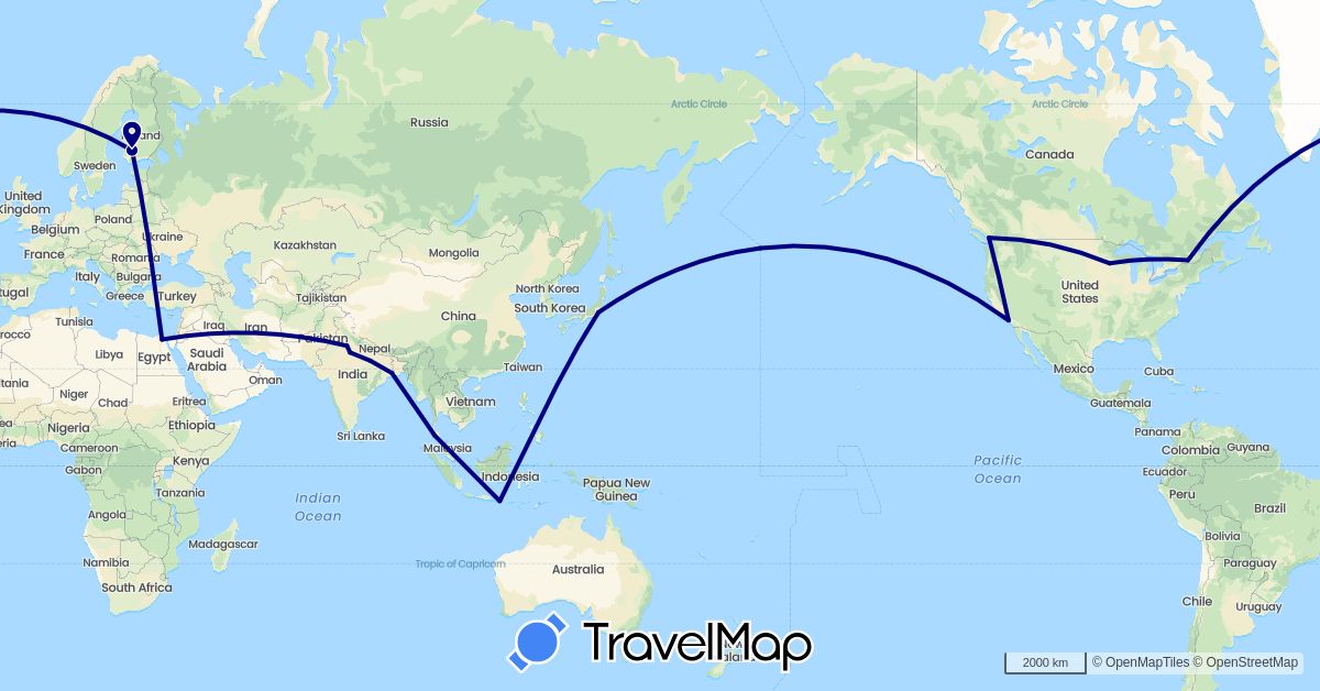 TravelMap itinerary: driving in Canada, Egypt, Finland, Indonesia, India, Japan, Thailand, United States (Africa, Asia, Europe, North America)