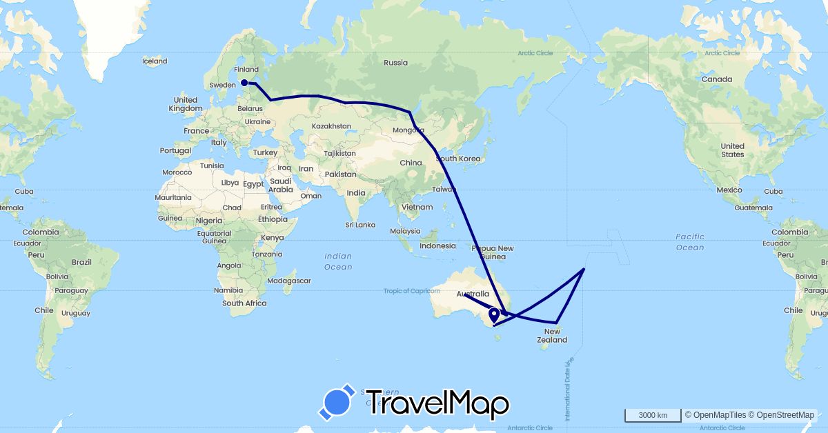 TravelMap itinerary: driving in Australia, China, Finland, Mongolia, New Zealand, Russia, Samoa (Asia, Europe, Oceania)
